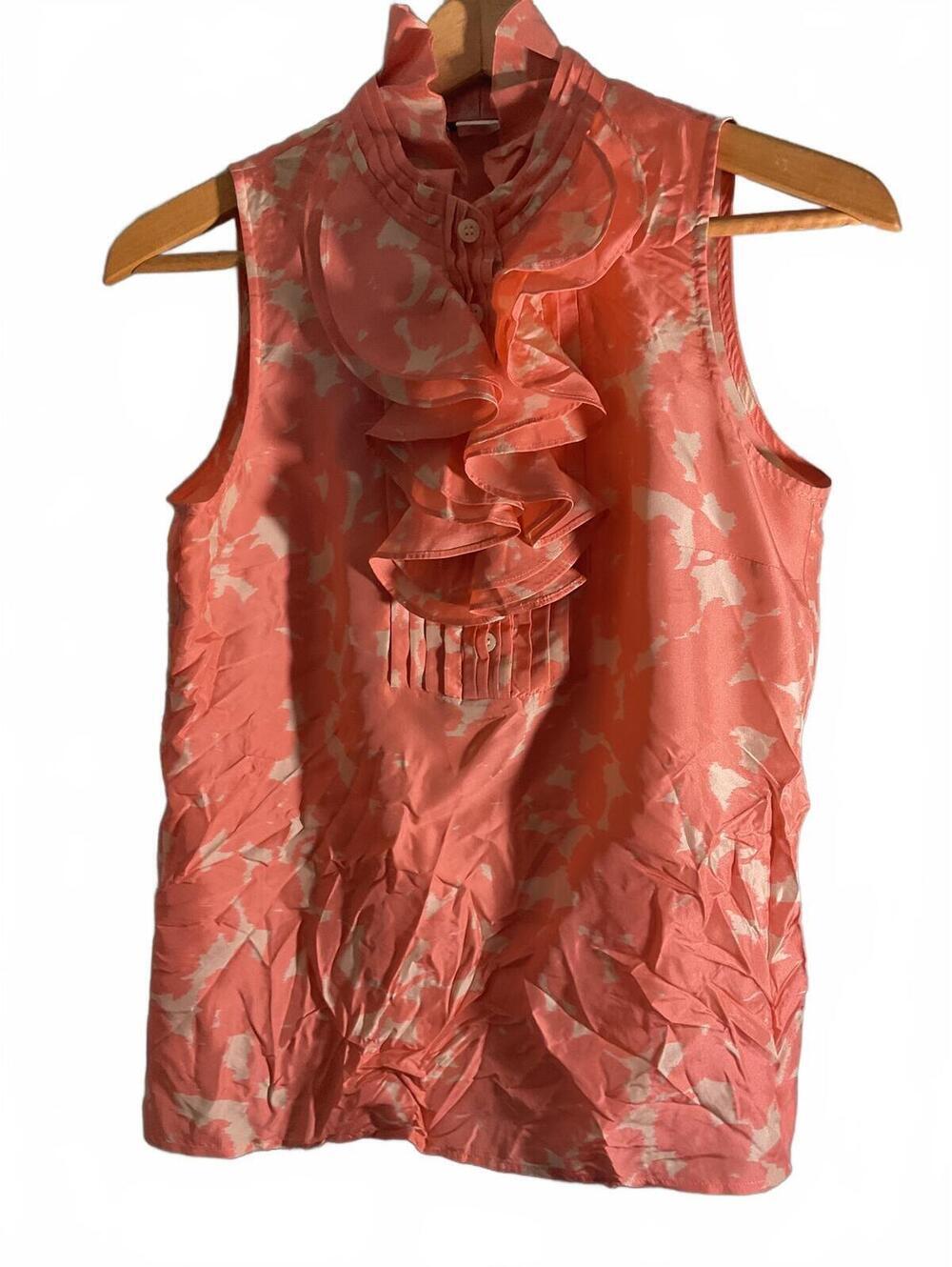 J.Crew Sleeveless Silk Ruffle Blouse in Coral and Cream SIze XS